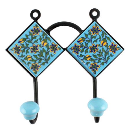 Ceramic Floral Tile Hook in Turquoise